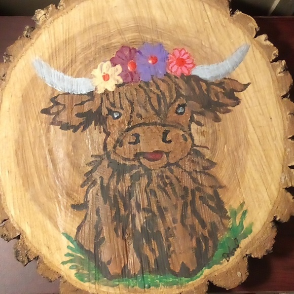 Hand Crafted Other - HOST PICK!  Hand Painted Highland Cow With Multi Color Flowers Wood Plaque